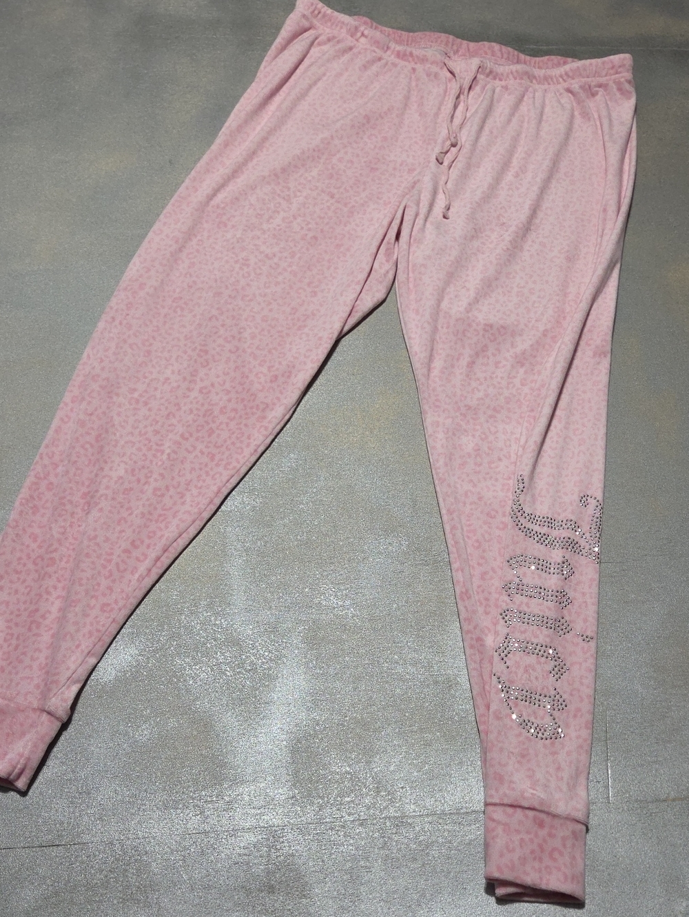 Juicy Couture Pink Leopard Print Rhinestone Script Joggers